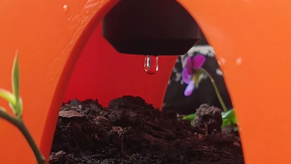 Close-up of a plant growing in soil with an H2ortigator pod emitting a water droplet