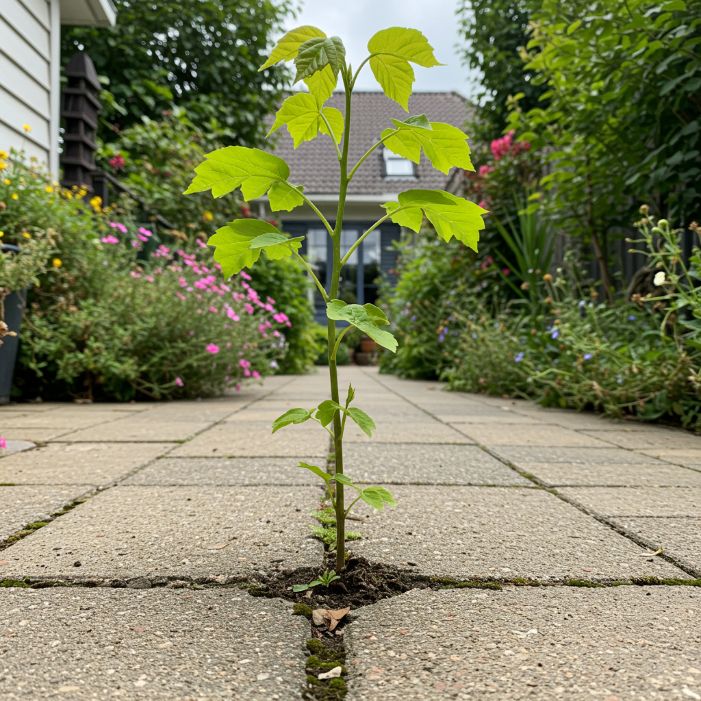 Young tree growing through a crack in a concrete pavement with a garden in the background.