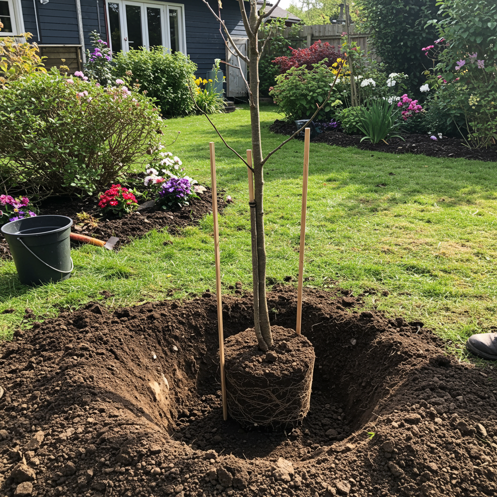Tree being planted in a garden with a house and flowers in the background